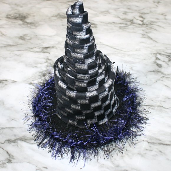 HAND CRAFTED Headband Witch Hat Upcycled Necktie Black Grey Whimsigoth Neck Tie - Picture 3 of 11